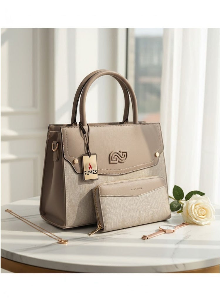 FUMES Mud brown Women’s Satchel Handbag with Matching Small Wallet – Structured Design, Solid Textured Finish, Elegant Office & Daily Carry Bag - Image 1